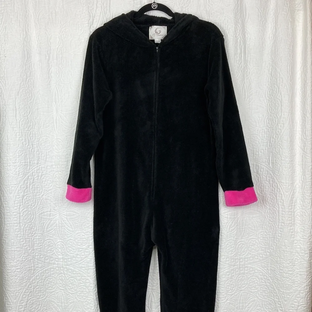 PJ Couture Women’s Black Kitty Fleece Onesie Pajamas sz Large